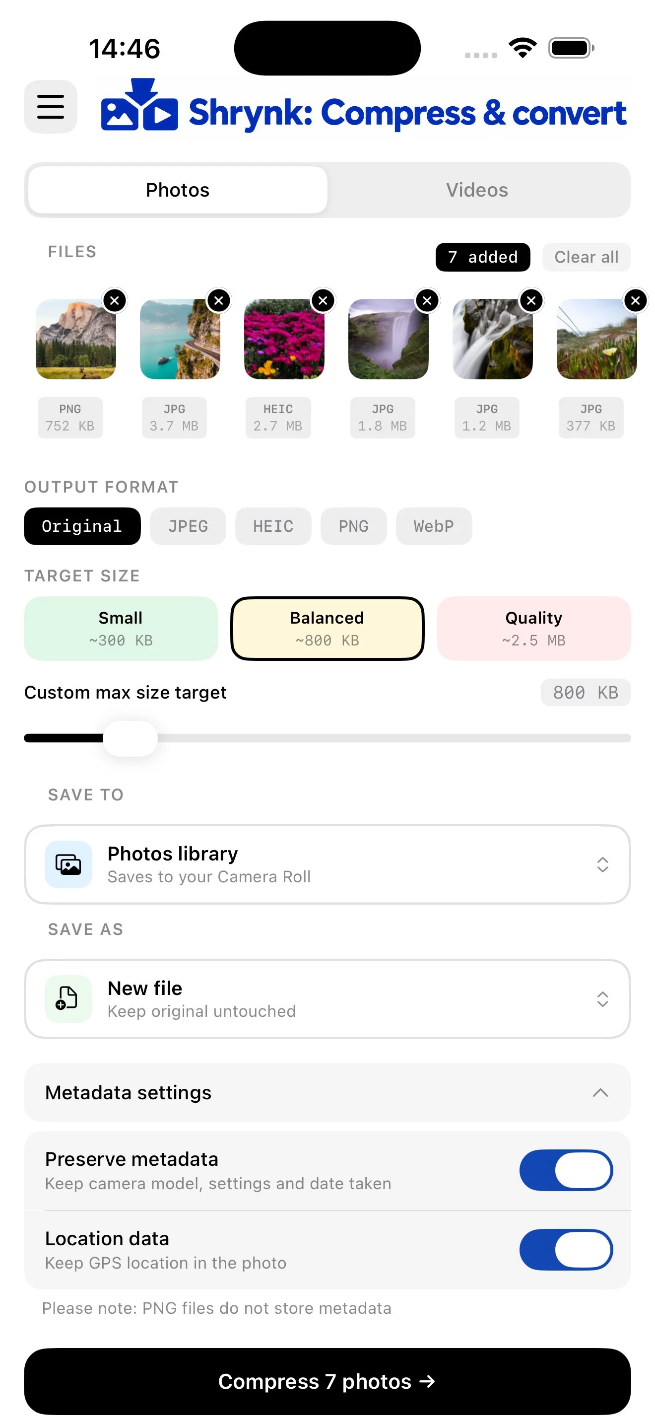 Shrynk compression screen with quality presets and target size options