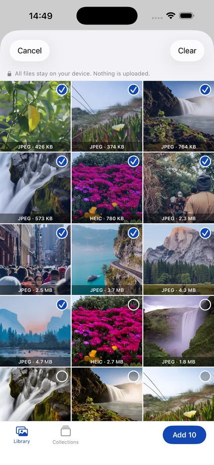 Shrynk photo picker showing photos and videos ready to compress on iPhone