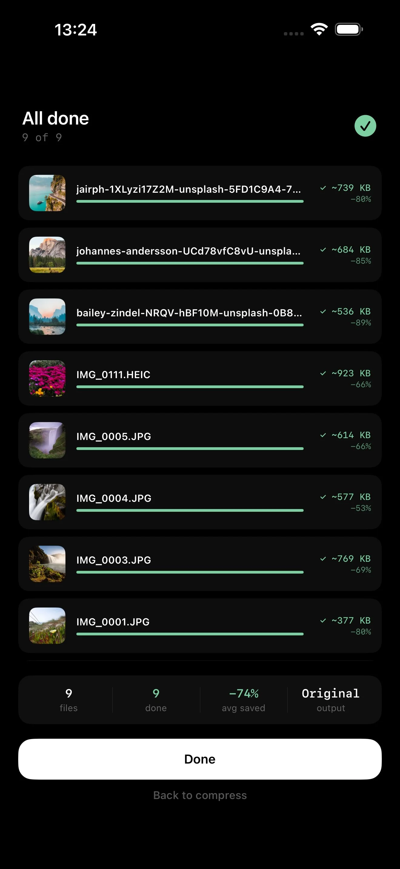Shrynk results screen showing file size savings after compression